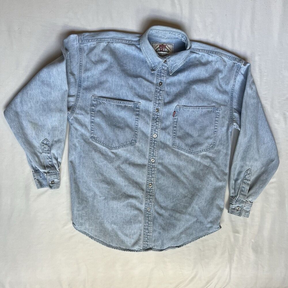 VTG 90s Levis Jeans for Women Denim Shirt S Small Light Wash Button Down